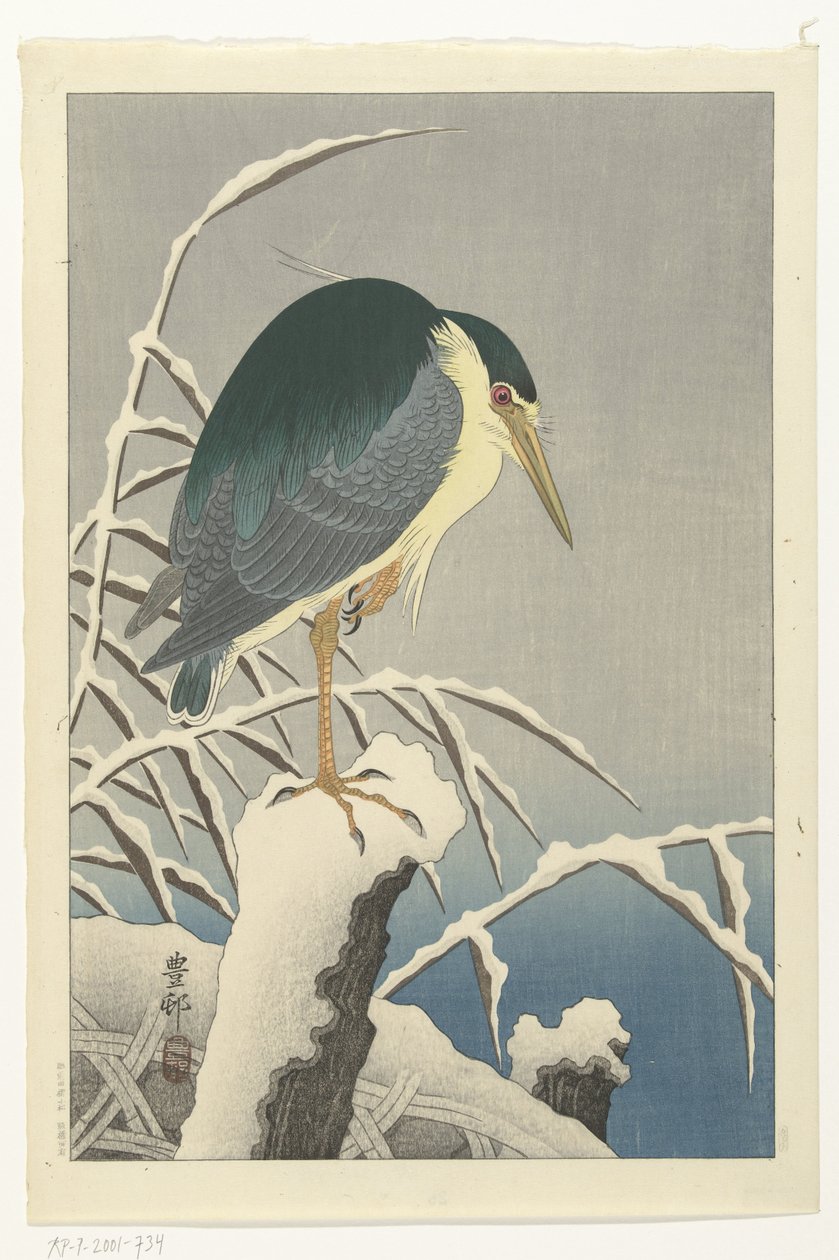 Czapla w śniegu autorstwa Ohara Koson