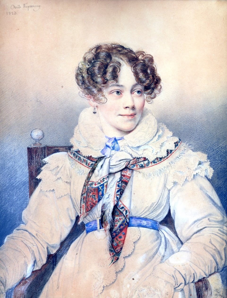 Portret Sophie Rostopchine (1799-1874) hrabina Segur, 1823 (kolorowa kredka na papierze) autorstwa Orest Adamovich Kiprensky