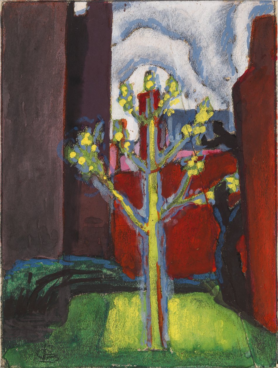 Młode drzewo na czerwonym dziedzińcu, 1919. autorstwa Oscar Bluemner