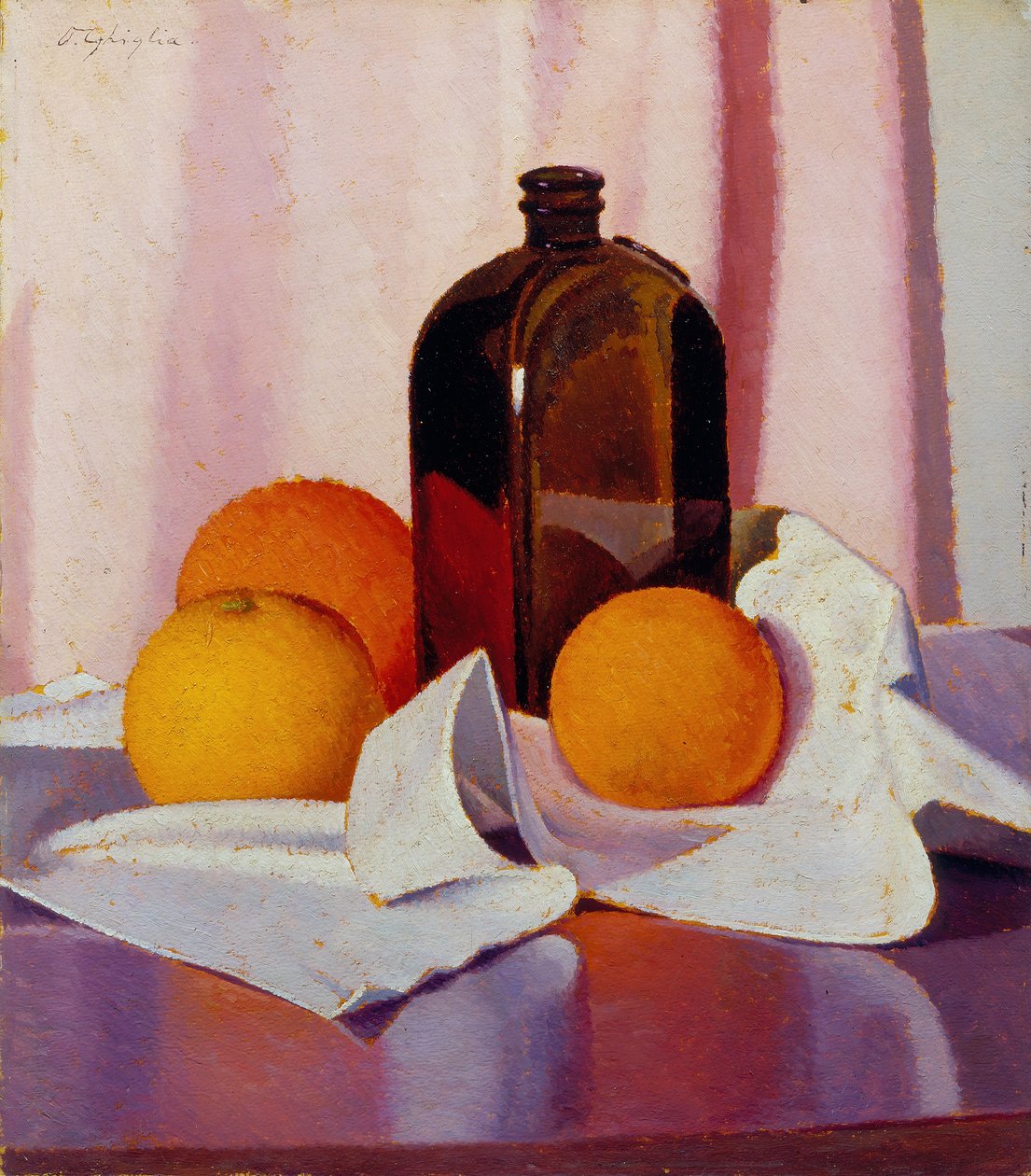 Pomarańcze i butelka, ok. 1930-40 (olej na tekturze) autorstwa Oscar Ghiglia