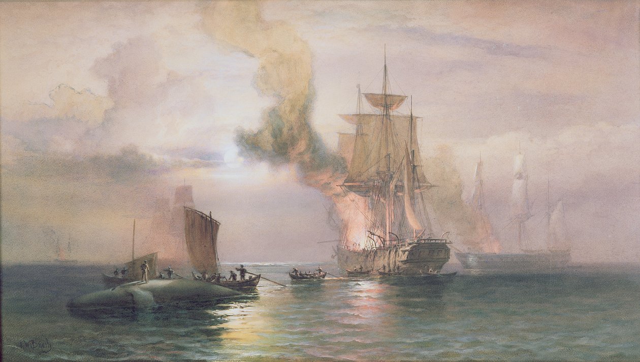 Wielorybniki z Morza Południowego gotujące się tran, z wielorybem obok, ok. 1875-85 autorstwa Oswald Walters Brierly