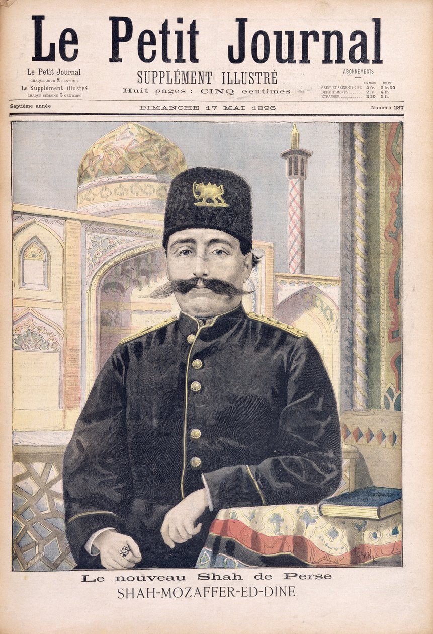 Portret szacha Mozzafera-ed-Dina (1853-1907) ilustracja z "Le Petit Journal", 17 maja 1896 r. autorstwa Oswaldo Tofani