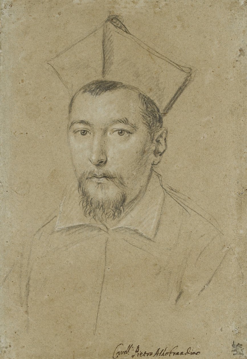 Portret kardynała Pietro Aldobrandiniego (czarna kreda, podkreślona bielą na szarym, niebiesko-szarym papierze) autorstwa Ottavio Mario Leoni