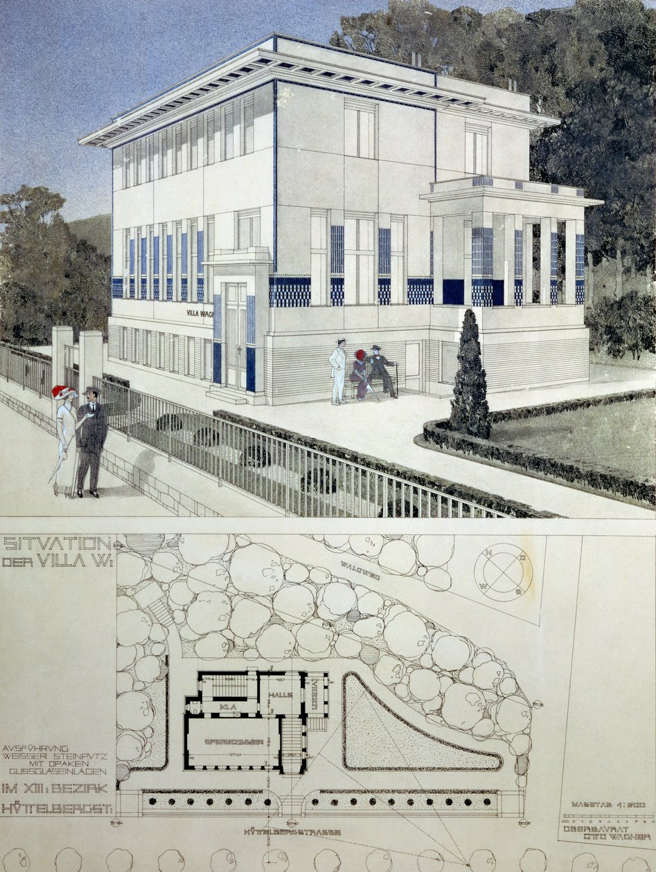 Villa Wagner, Wiedeń, projekt przedstawiający fasadę domu, zbudowaną ze stali i betonu w surowym geometrycznym stylu z ciemnoniebieskimi panelami i ornamentem w kształcie główki gwoździa, poniżej plan domu i gr autorstwa Otto Wagner