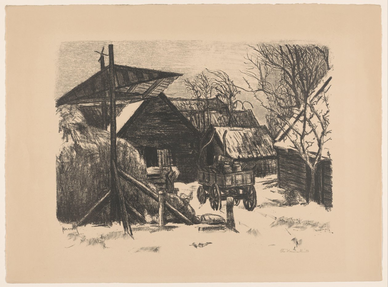 Gospodarstwo w śniegu autorstwa Otto Hanrath (signed by artist)