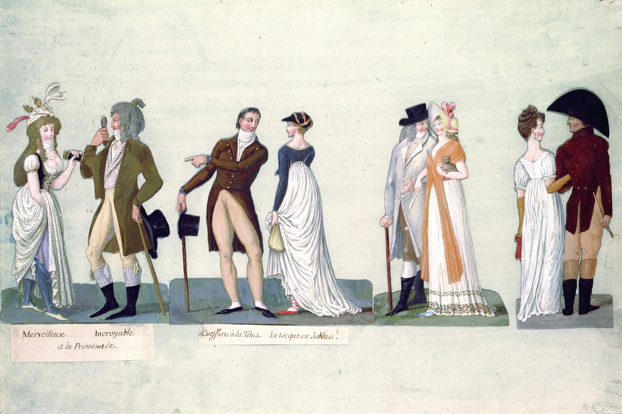 Fol.50 Merveilleuse...Incroyable promenada; Coiffure a la Titus...Tocque w stylu dżokejskim (gwasz) autorstwa P. A. and J.B. Lesueur