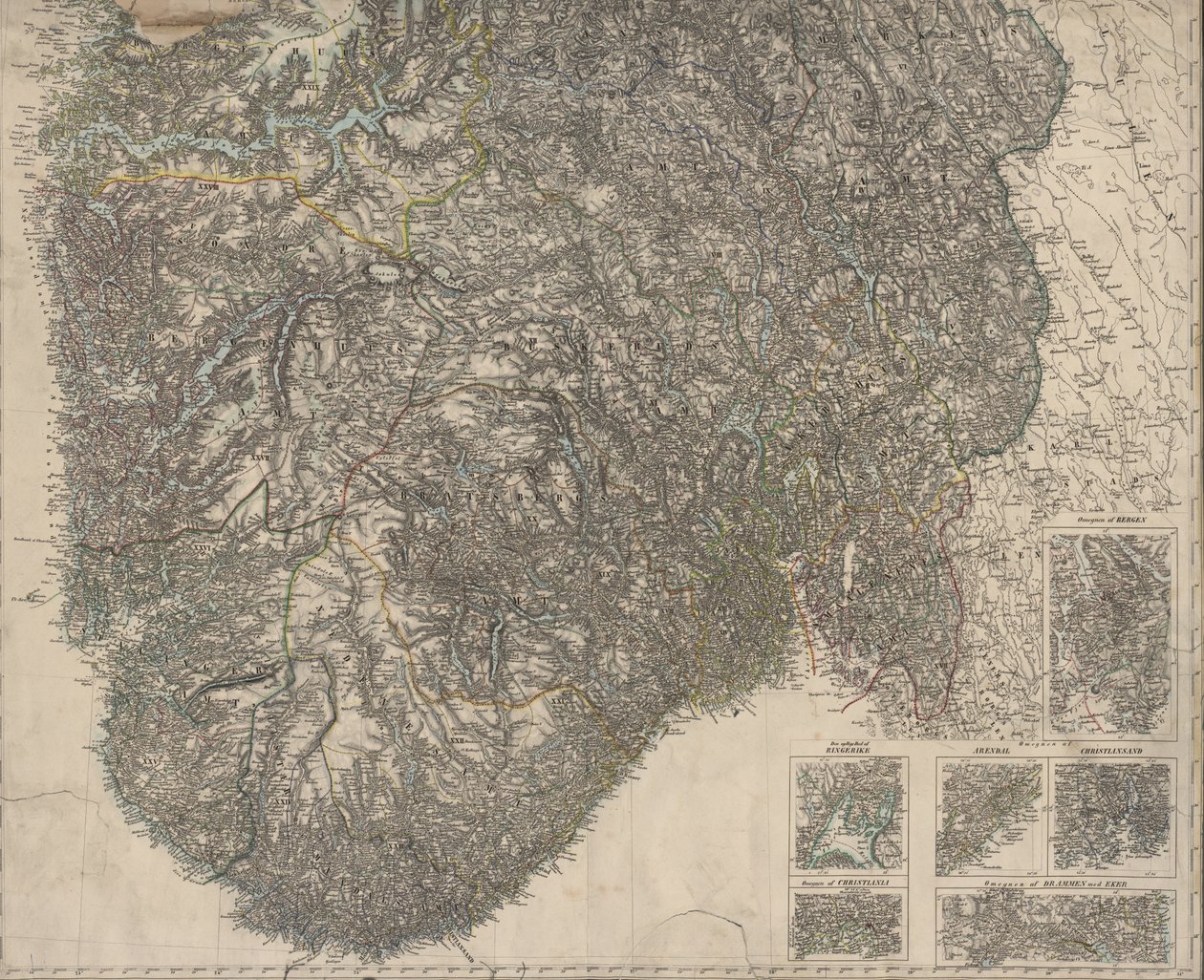 Mapa została opublikowana w Oslo (1845) i przedstawia południową Norwegię autorstwa P.A. Munch