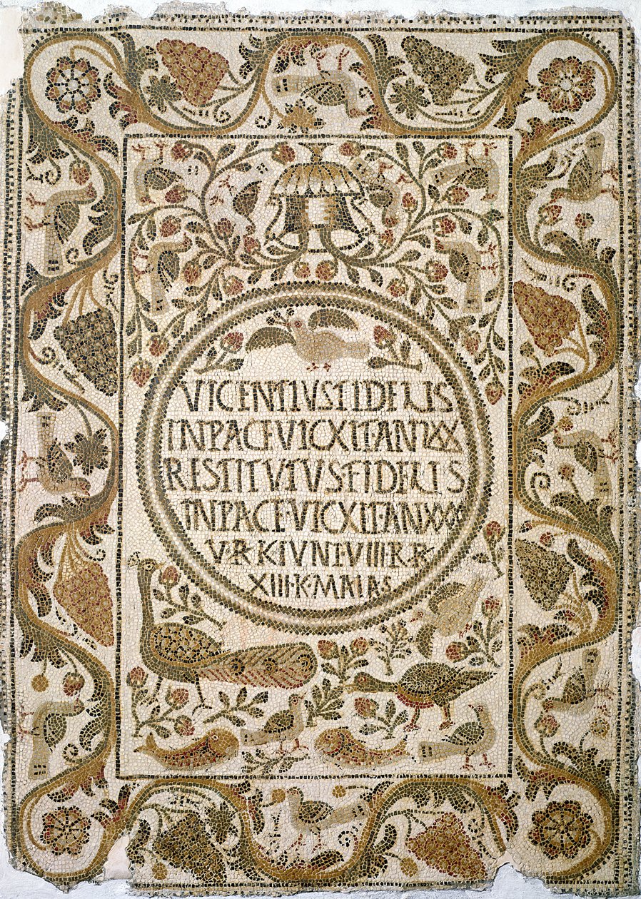 Nagrobek z epitafium, z kościoła ks. Feliksa k. Kelibii, IV-V w. (mozaika) autorstwa Paleo Christian