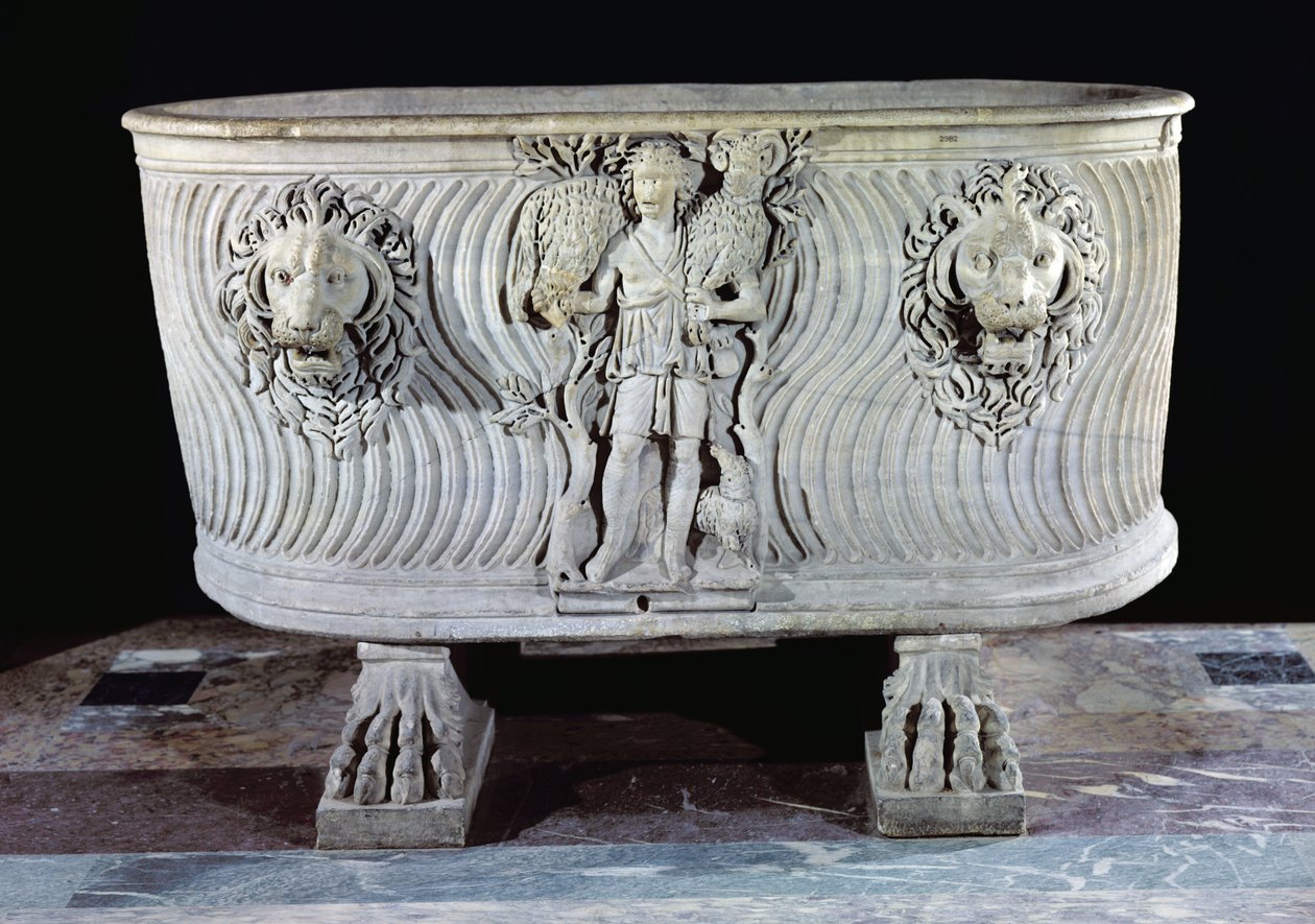 Sarkofag Borghese zdobiony motywem Dobrego Pasterza i głowami lwów, III-V w. autorstwa Paleo Christian