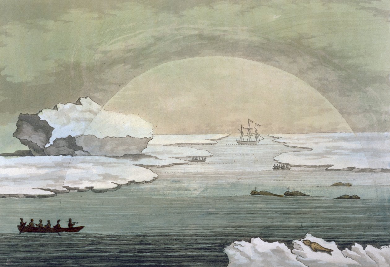 Zlodowacona brytyjska łódź wielorybnicza zostaje wyzwolona przez promienie słoneczne, Baffin Bay, lipiec 1817, z „Le Costume Ancien et Moderne”, tom I, płyta 21, autorstwa Julesa Ferrario, opublikowanego w latach 20.-30. XIX wieku autorstwa Paolo Fumagalli