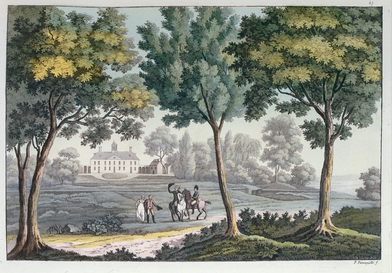 Mount Vernon, Virginia, dom Jerzego Waszyngtona, c.1820 (kolor grawerowany) autorstwa Paolo Fumagalli