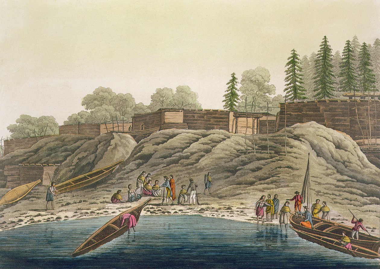 Indianie Nootka wymieniający prezenty z europejskimi odkrywcami lub wielorybnikami, z „Le Costume Ancien et Moderne”, tom I, płyta 18, Jules Ferrario, wydana ok. 1820-30 autorstwa Paolo Fumagalli