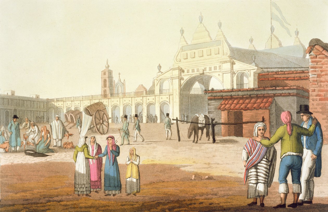 Piazza del Mercato, Buenos Aires, Argentyna, z „Strój starożytnego i współczesnego”, tom II, płyta 1, autorstwa Julesa Ferrario, wydana ok. 1820-30 autorstwa Paolo Fumagalli