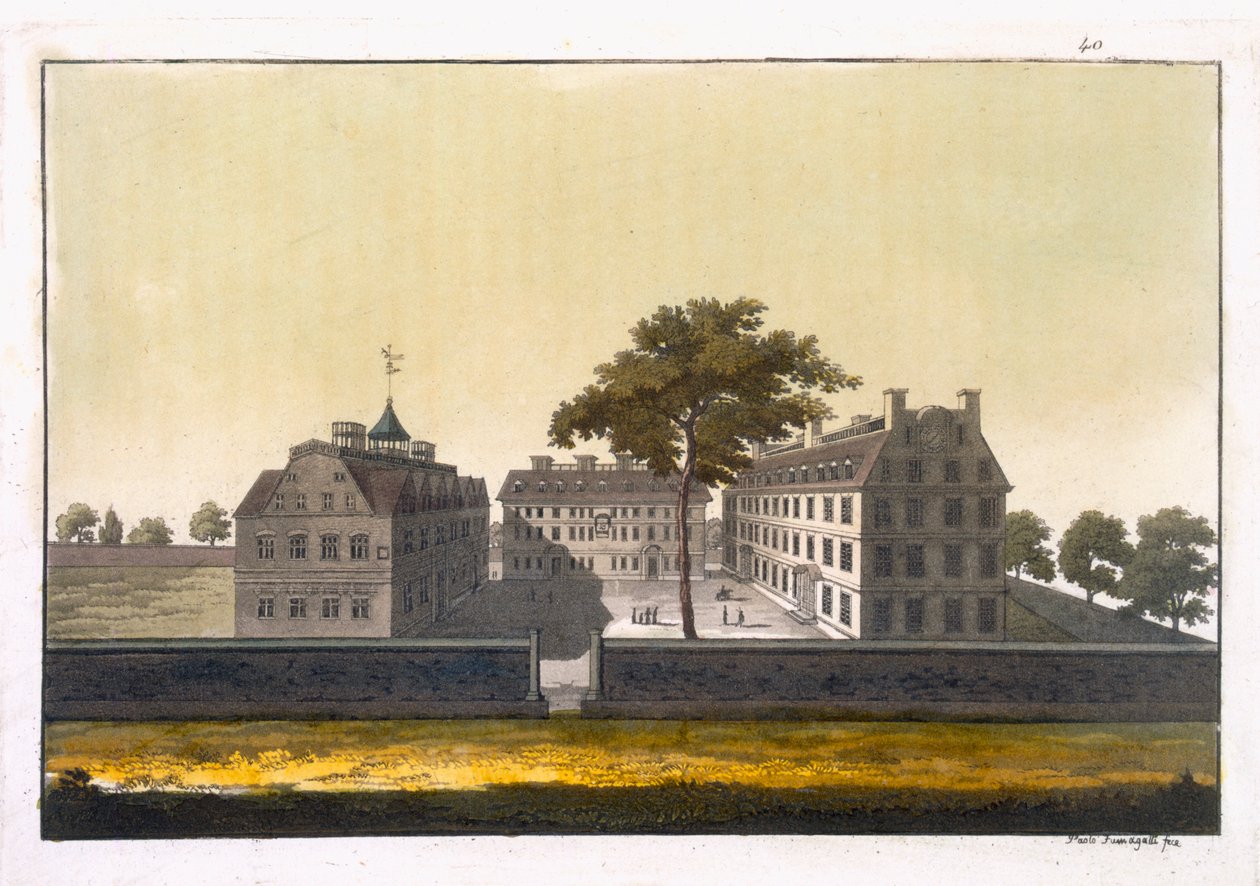 University of Cambridge, Massachusetts, z „Le Costume Ancien et Moderne”, tom I, autorstwa Julesa Ferrario, opublikowany ok. 1820-30 (kolor grawerowany) autorstwa Paolo Fumagalli