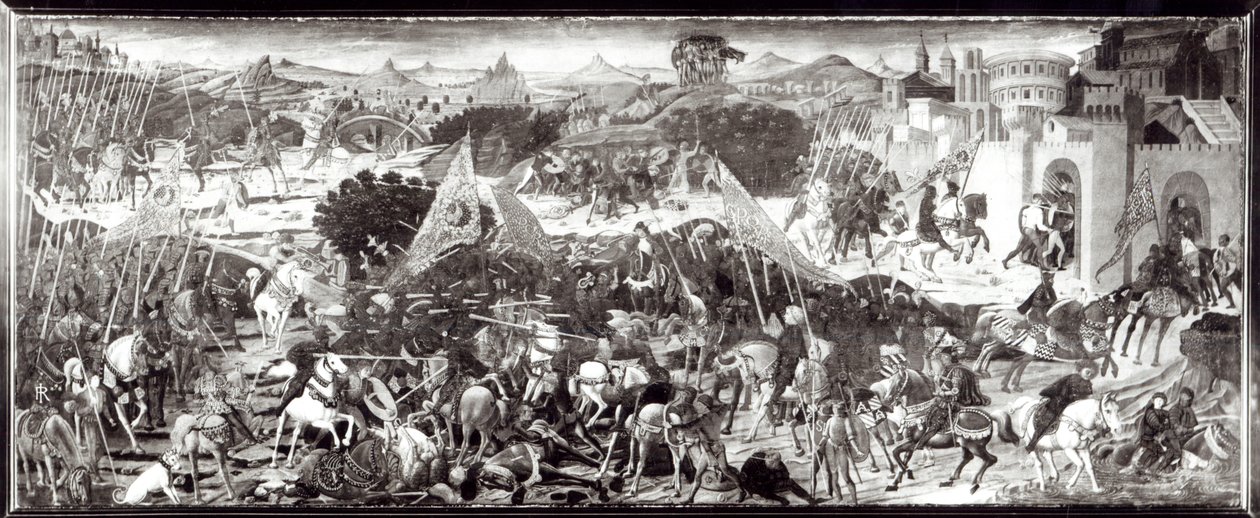 Rzymianie i Galowie walczący lub Bitwa przed bramami Rzymu (tempera na panelu) autorstwa Paolo Uccello