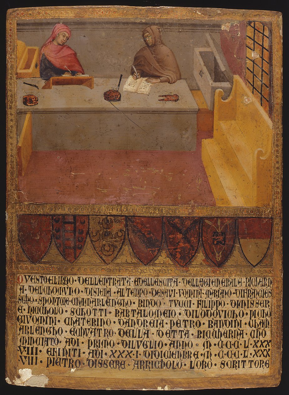 Chief Financial Officer i Scribe przy biurku w Biccherna (biuro skarbowe) (tempera na panelu) autorstwa Paolo di Giovanni Fei