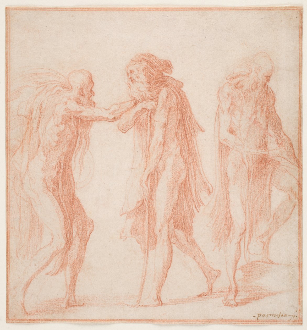 Trzej starcy, ok. 1535 (czerwona kreda na papierze) autorstwa Parmigianino