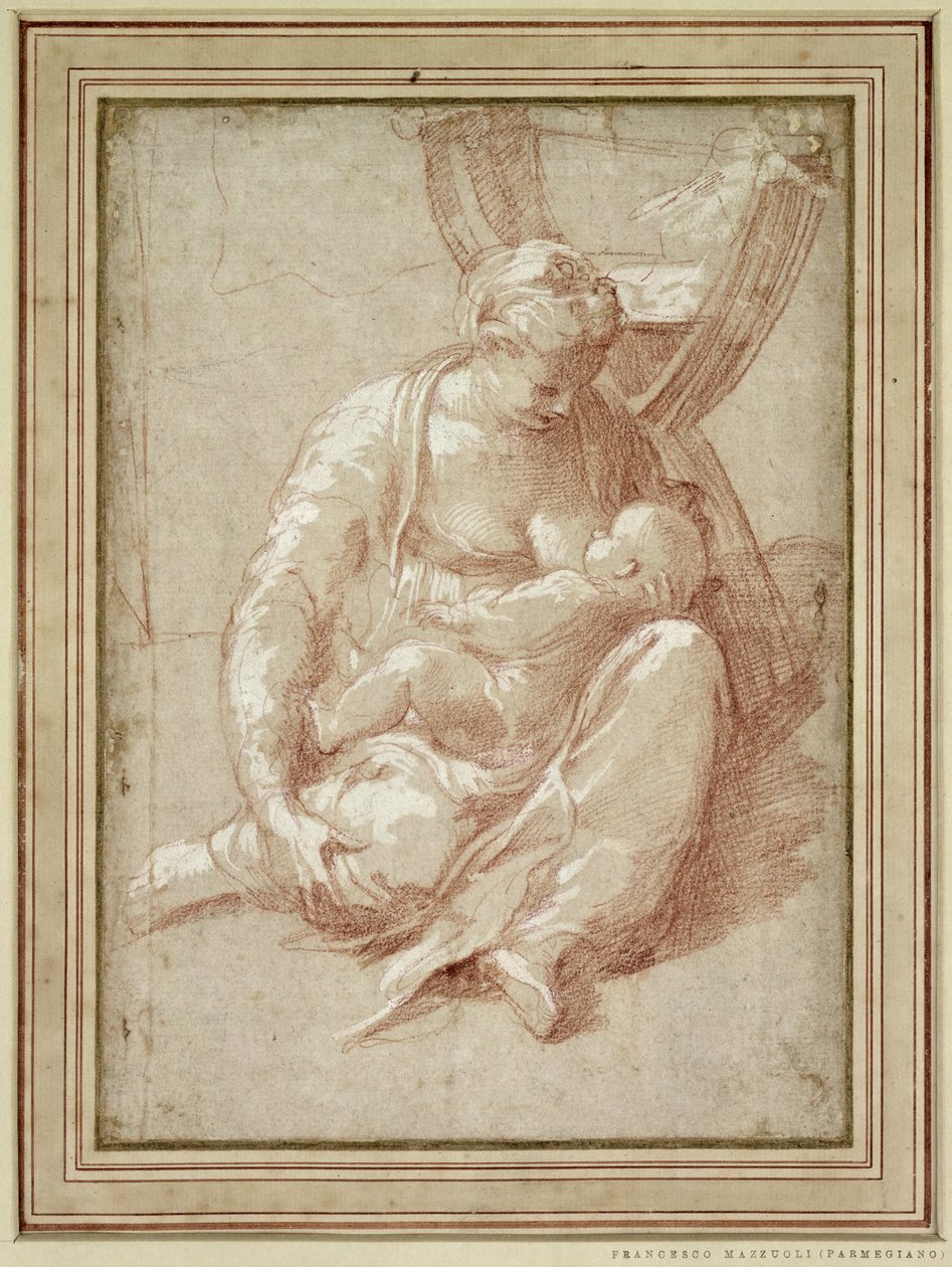 Dziewica siedząca na ziemi, karmiąca dziecko autorstwa Parmigianino