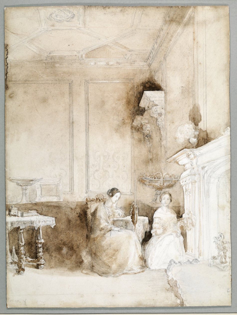 Florence Nightingale i Marianne Nicholson w salonie w Embley, ok. 1830 (ołówek i pranie na papierze) autorstwa Parthenope Nightingale