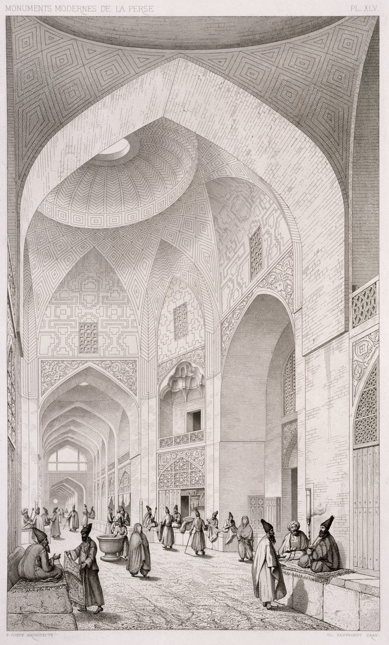Targ sukienny, w Isfahanie, z „Podróży Pittoresque” Persji, rytowany przez Claude Sauvageot (1832-85) opublikowany przez Lemercier, Paryż, 1856 autorstwa Pascal Xavier Coste