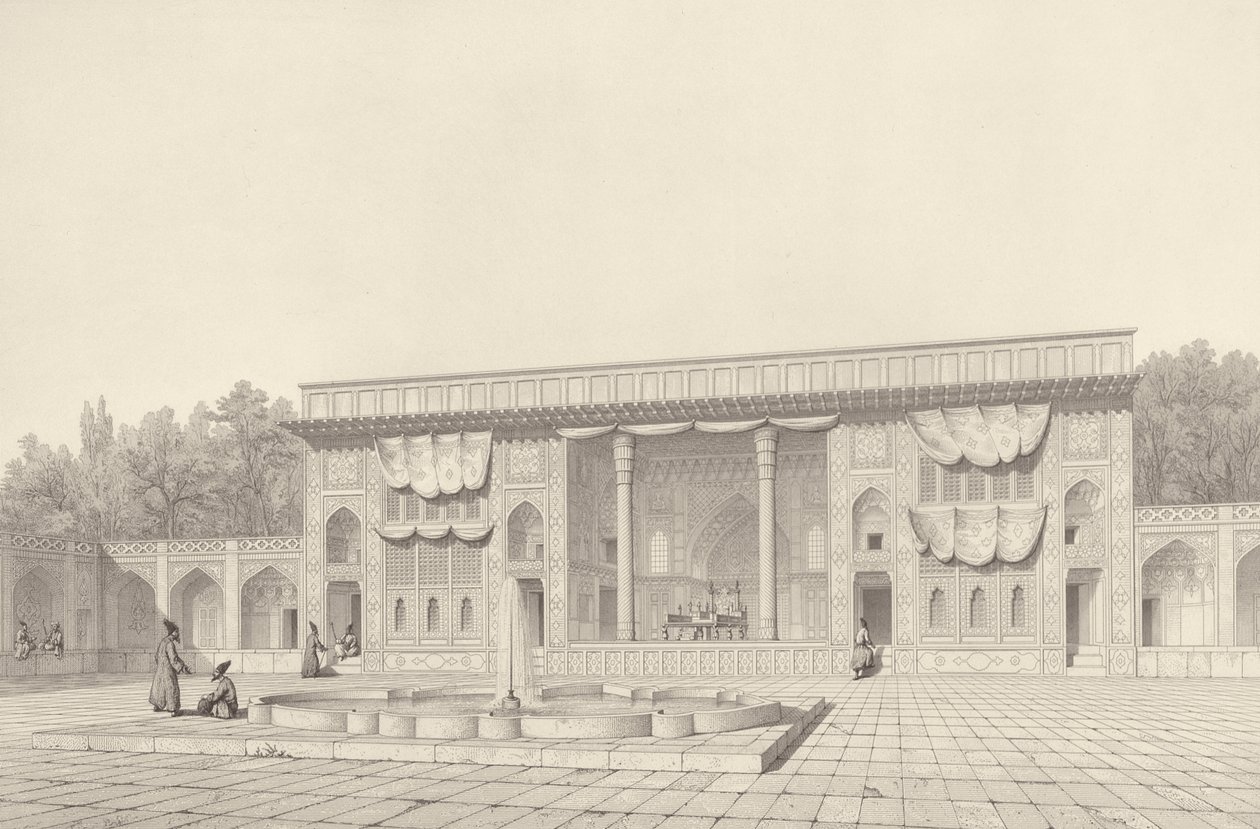 Pawilon tronowy, w Teheranie, z Podróży Pittoresque of Persia, rytowany przez Claude Sauvageot (1832-85) opublikowany przez Lemercier, Paryż, 1856 autorstwa Pascal Xavier after Coste