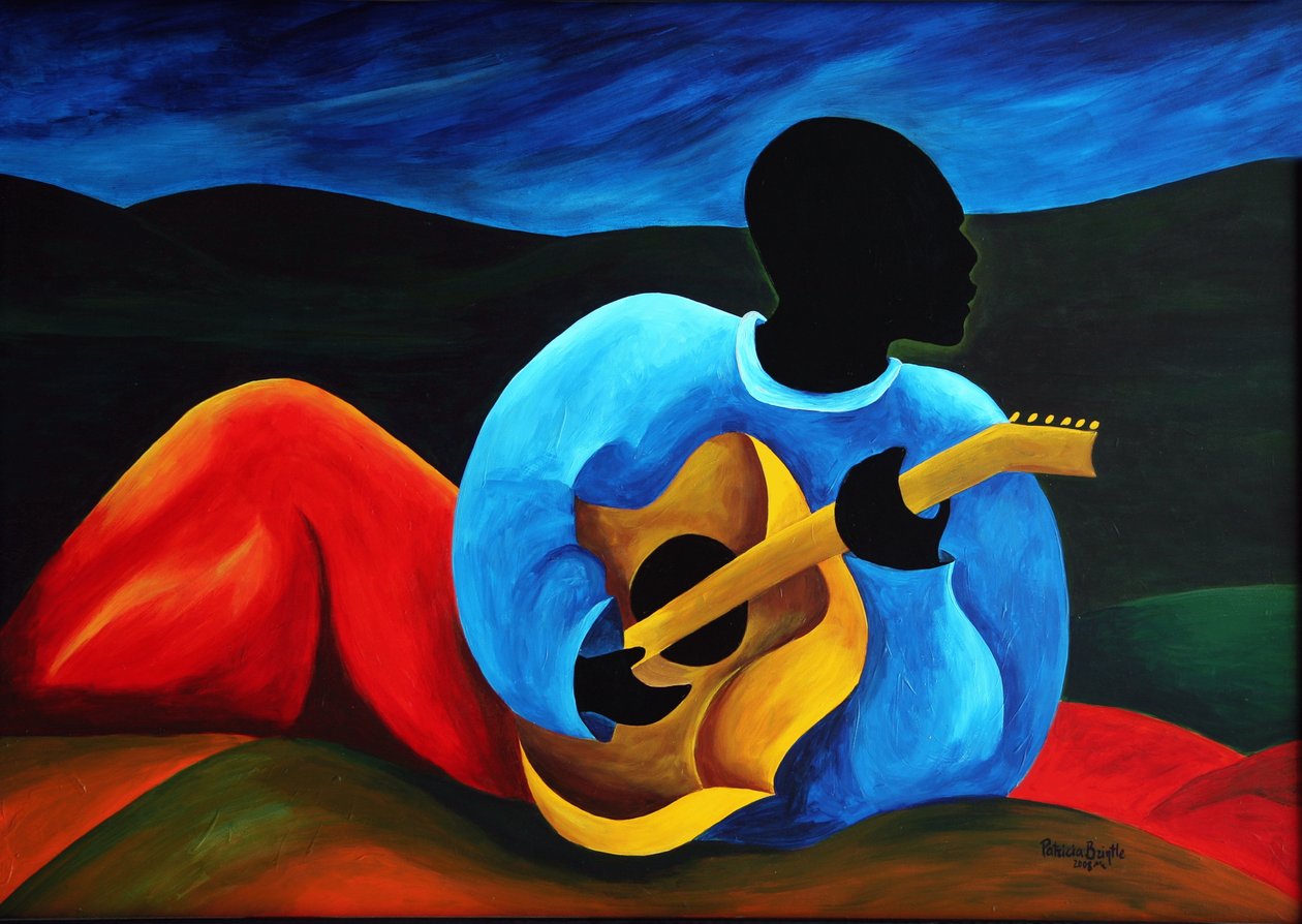 Gitarzysta Ti-Jean, 2008 (akryl na masonicie) autorstwa Patricia Brintle