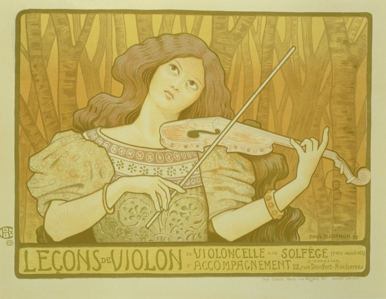 Reprodukcja plakatu reklamującego „Lekcje skrzypiec”, Rue Denfert-Rochereau, Paryż, 1898 autorstwa Paul Berthon