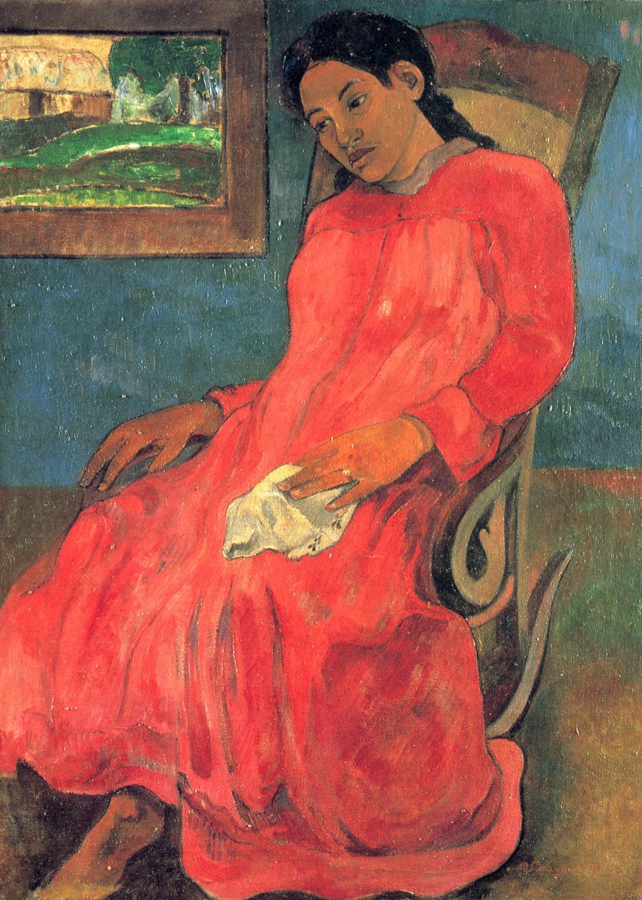 Kobieta w czerwonej sukience autorstwa Paul Gauguin