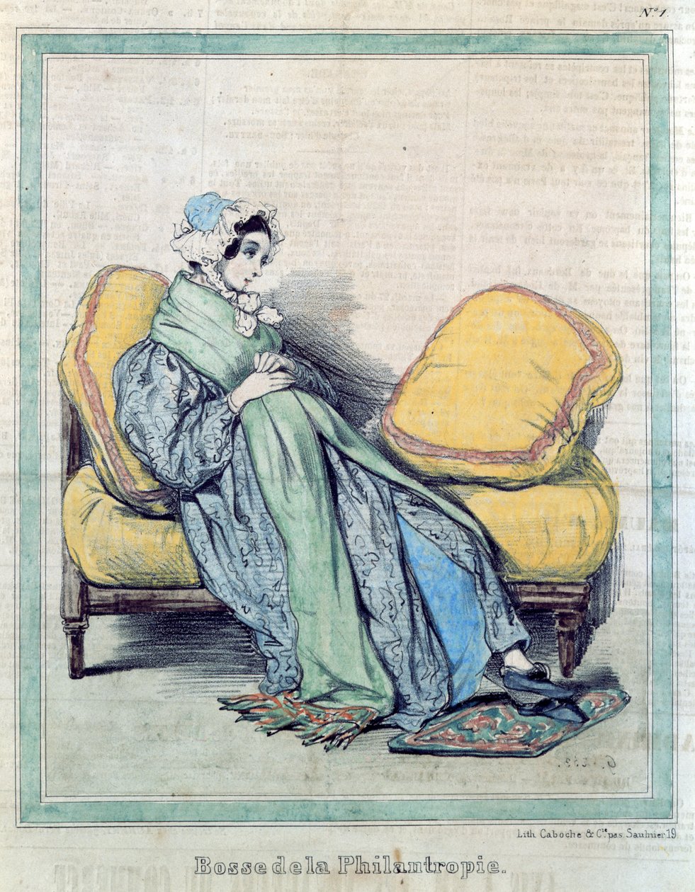 Kobieta w ciąży, Bump of Philanthropy, karykatura z "Le Charivari", ok. 1840 r. autorstwa Paul Gavarni