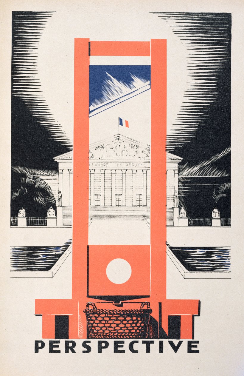 „Perspektywa”, gilotyna zwrócona w stronę Zgromadzenia Narodowego, ilustracja z „Parlons Francais” Paula Iribe (1883-1935), wyd. Editions Floury, Paryż 1934 autorstwa Paul Iribe