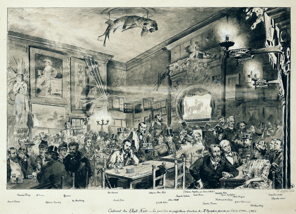 Cabaret du Chat Noir, 1886 (pióro i atrament i pranie na papierze) autorstwa Paul Merwart