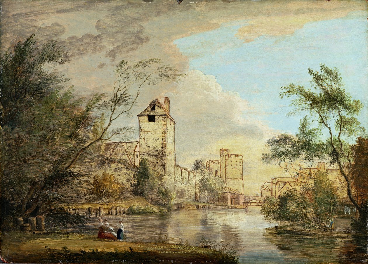 Niedokończony widok zachodniej bramy, Canterbury, ok. 1790-1800 (długopis, brązowy tusz i olej na papierze) autorstwa Paul Sandby