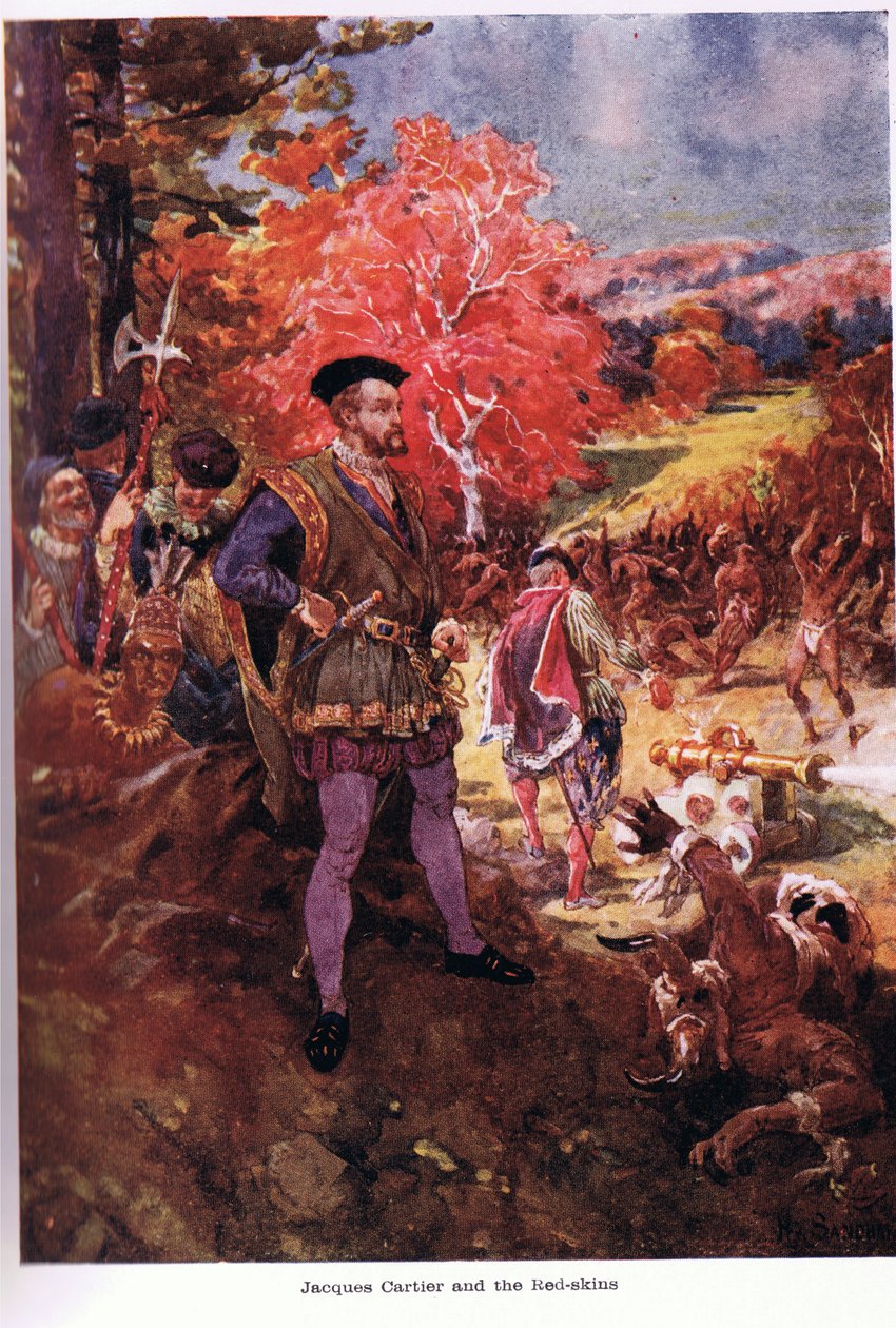 Jacques Cartier z Redskins, ilustracja z „The Romance of Canada” W.R.S. Scott autorstwa Paul Sandham