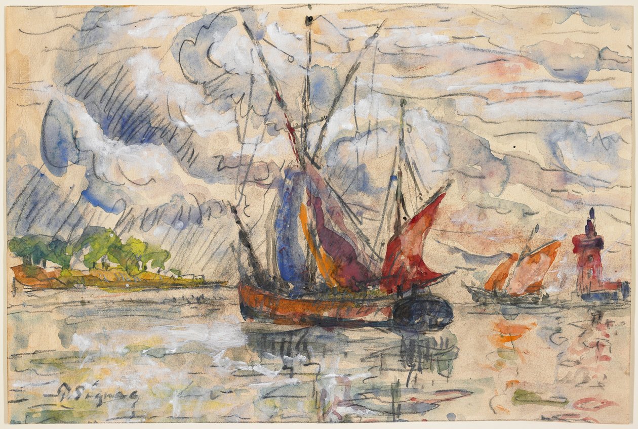 Łodzie rybackie w La Rochelle, ok. 1919-21 (grafitowy, wc i nieprzezroczysty biały) autorstwa Paul Signac