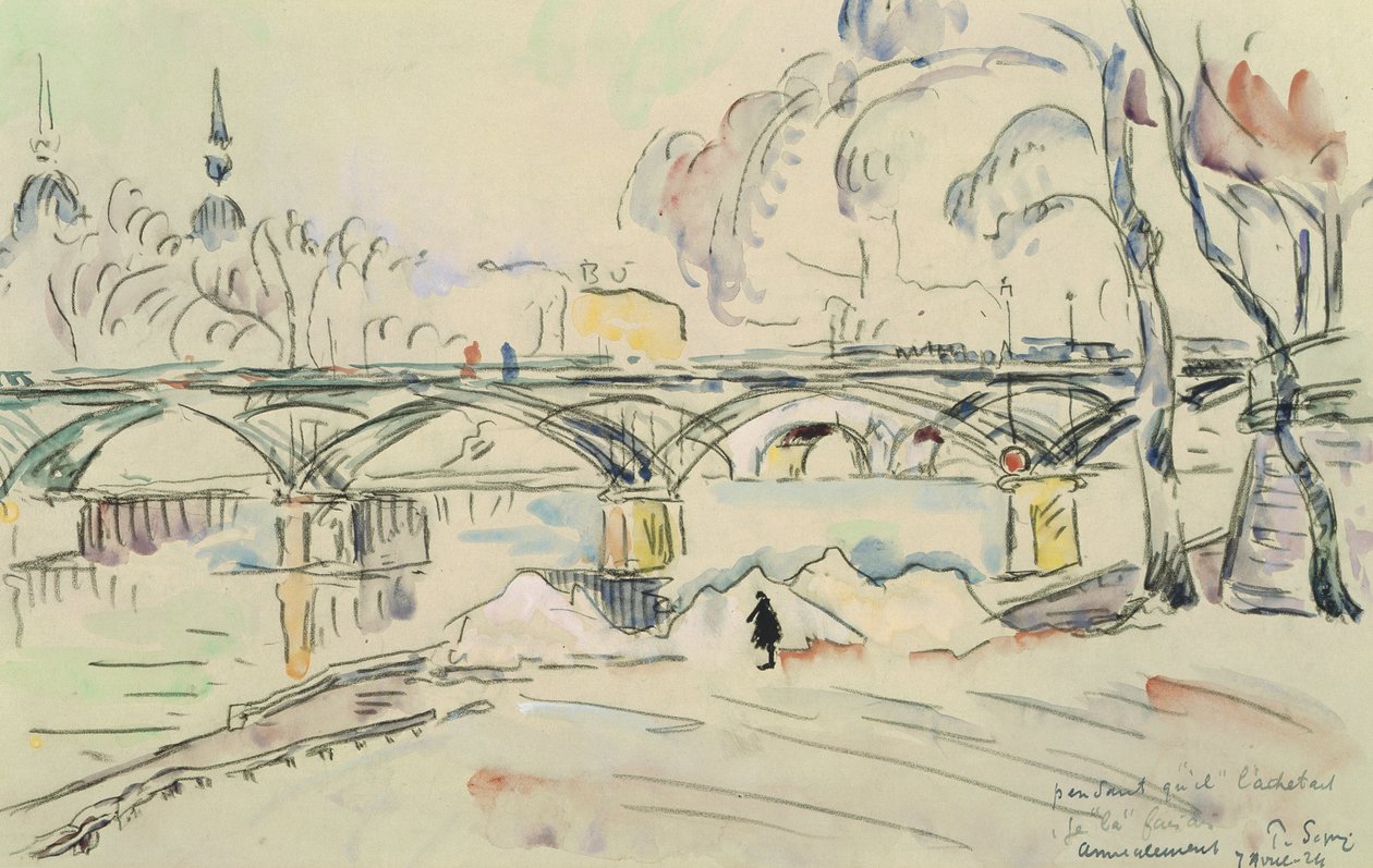 Pont des Arts, 1924 (ołówek i wc na papierze) autorstwa Paul Signac