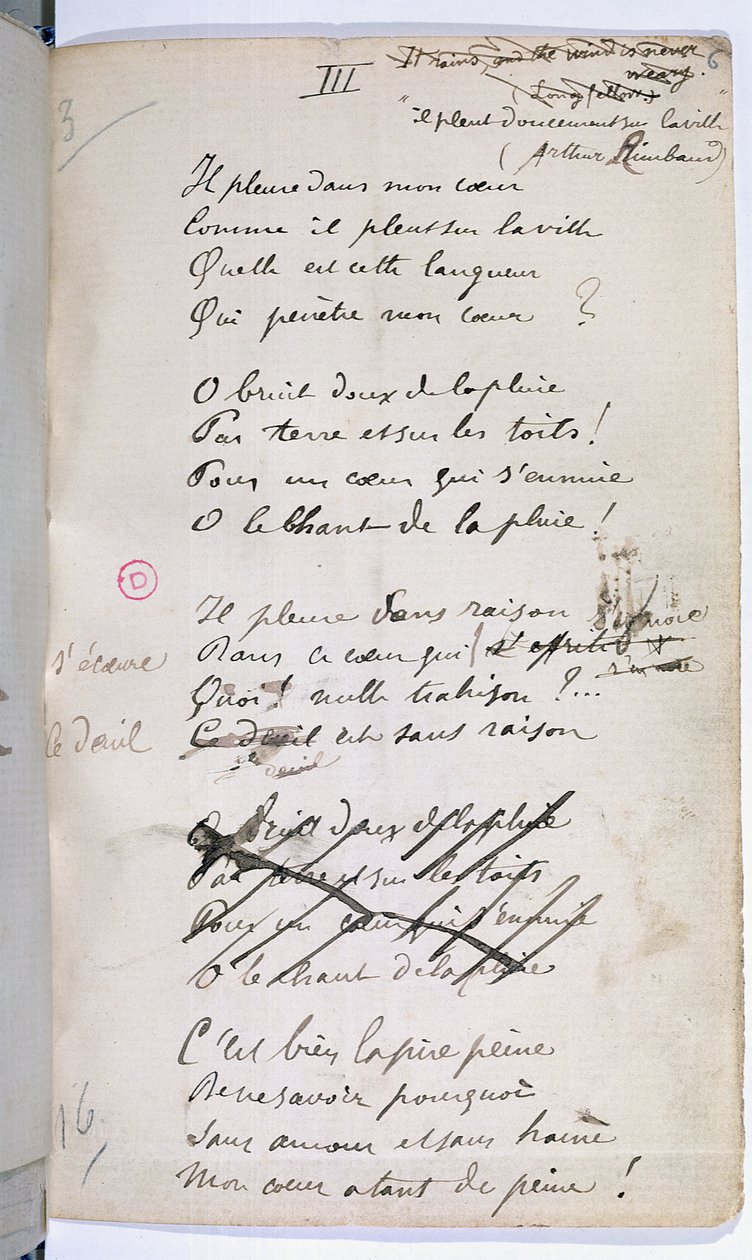 Rękopis „Ariettes Oubliés, III” z „Romances Sans Parole”, 1874 autorstwa Paul Verlaine