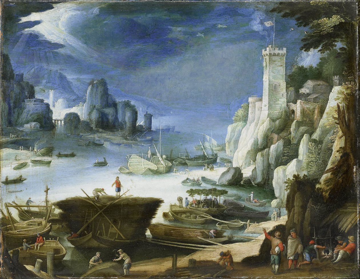 Widok na rzekę z dużą skałą autorstwa Paul Bril (copy after)