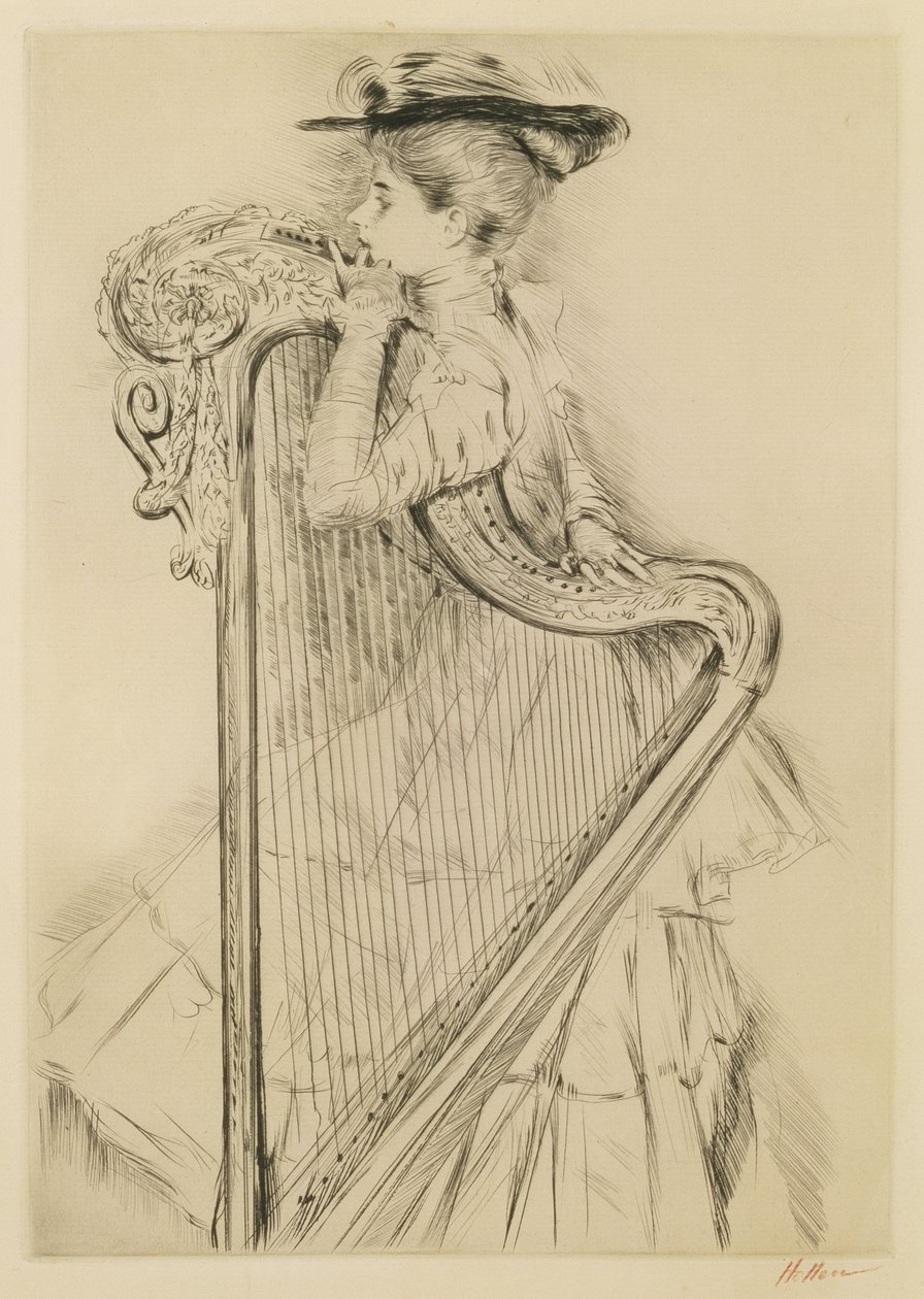 Kobieta z harfą (sucha igła) autorstwa Paul Cesar Helleu