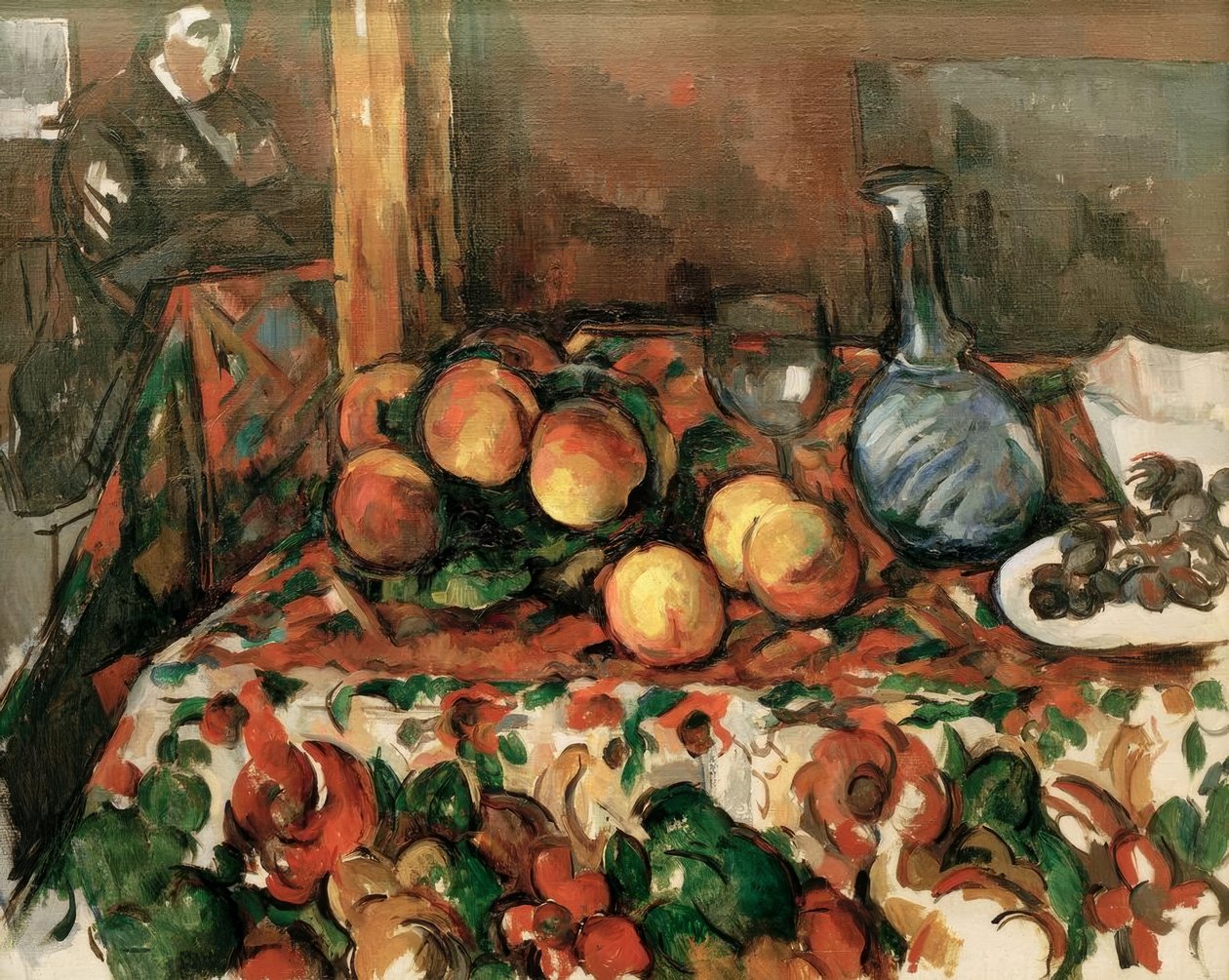 Brzoskwinie, karafka i charakter autorstwa Paul Cézanne