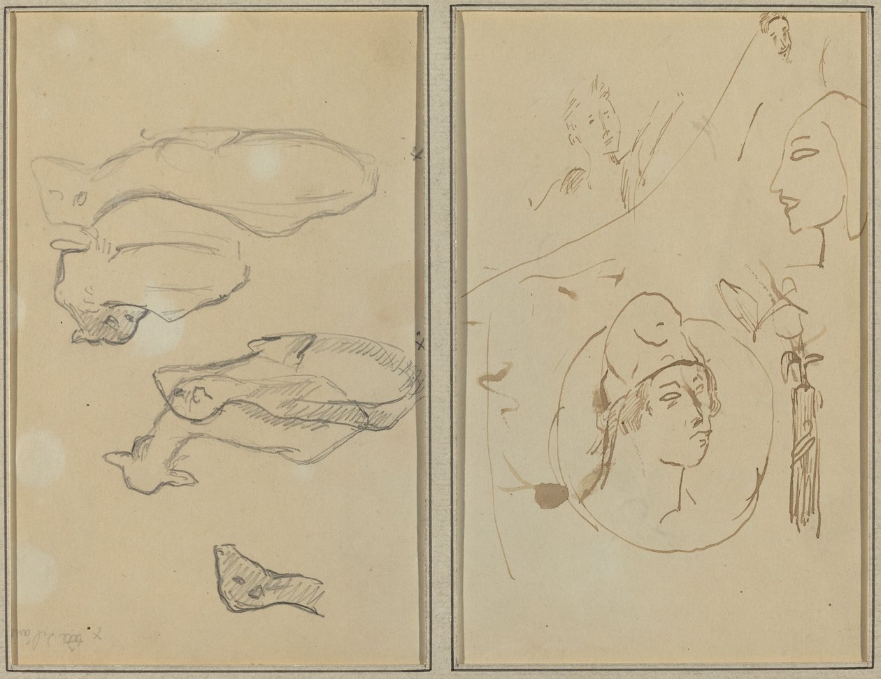 Pięć owiec; Cztery studia nad głową [verso] autorstwa Paul Gauguin