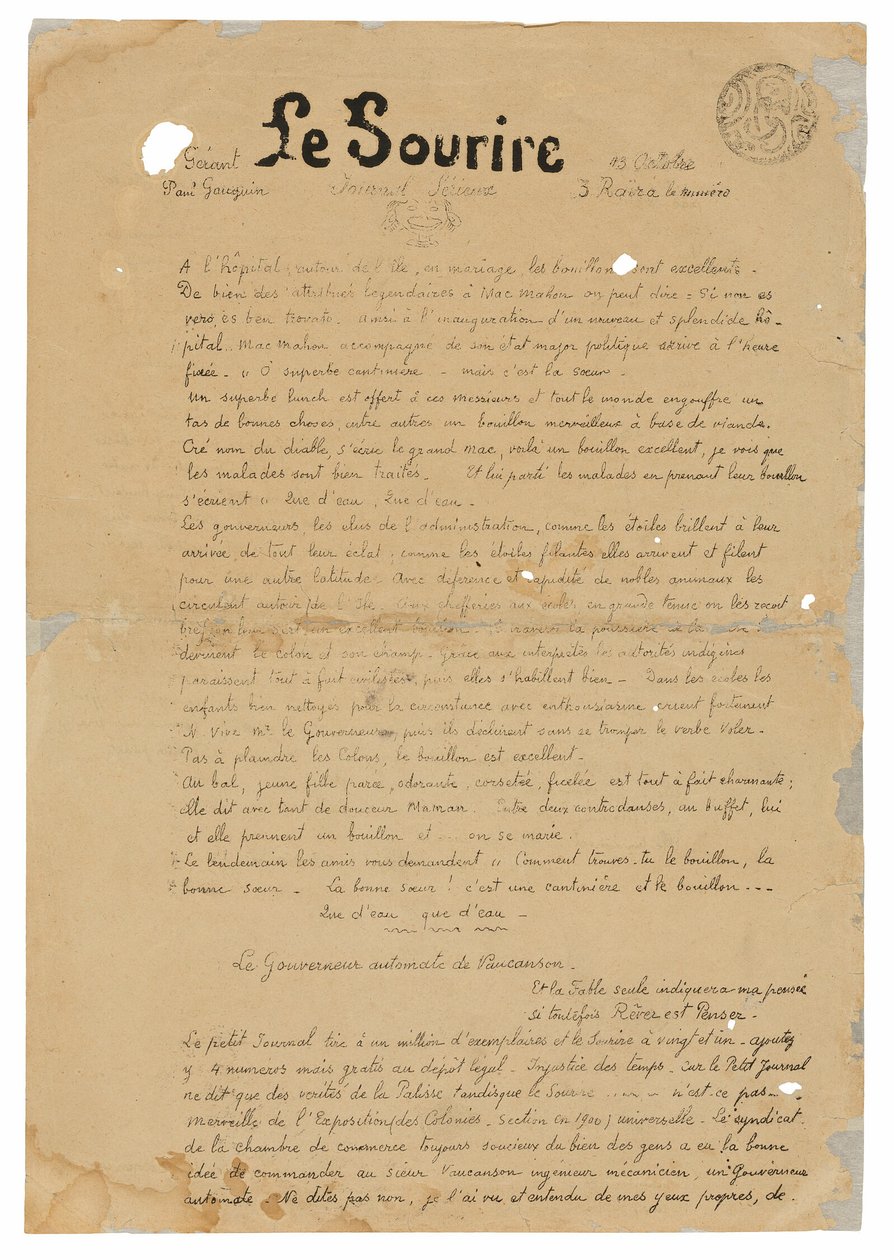 Le sourire: Journal sérieux, 13 października 1899 r. autorstwa Paul Gauguin