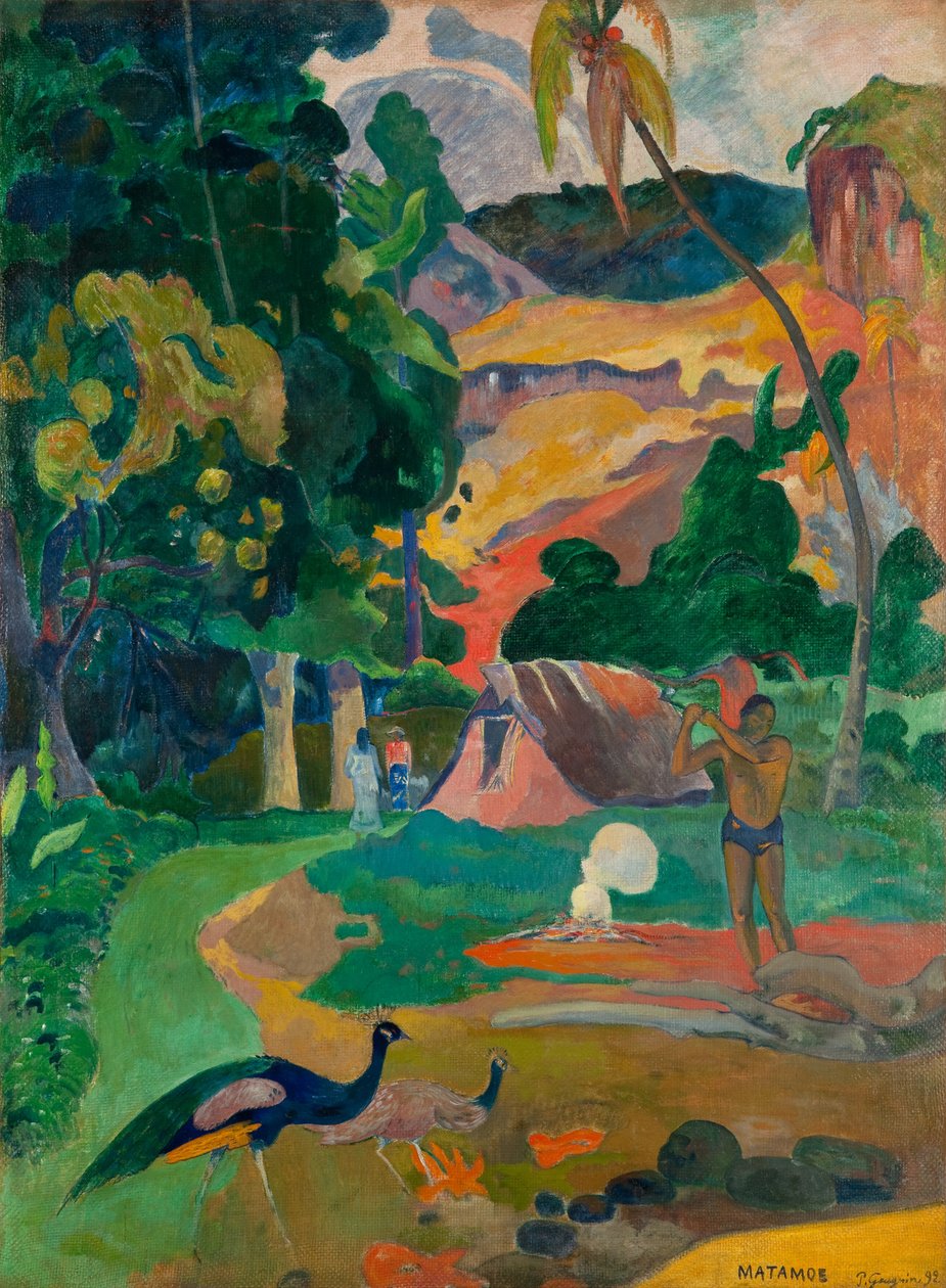 Tahitański:  Matamoe Matamoe (Śmierć), Krajobraz z pawiami autorstwa Paul Gauguin
