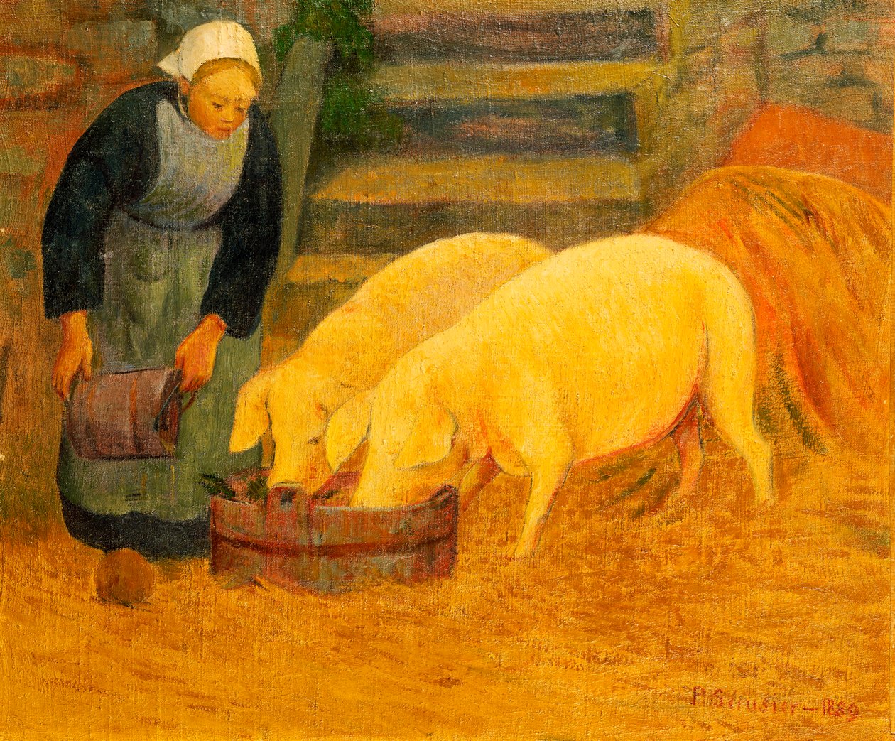 Młoda dziewczyna karmiąca dwie świnie, 1889 autorstwa Paul Sérusier