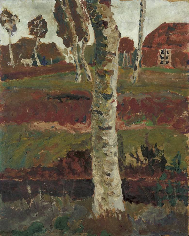Pień brzozy przy fosie przed krajobrazem z domem autorstwa Paula Modersohn Becker