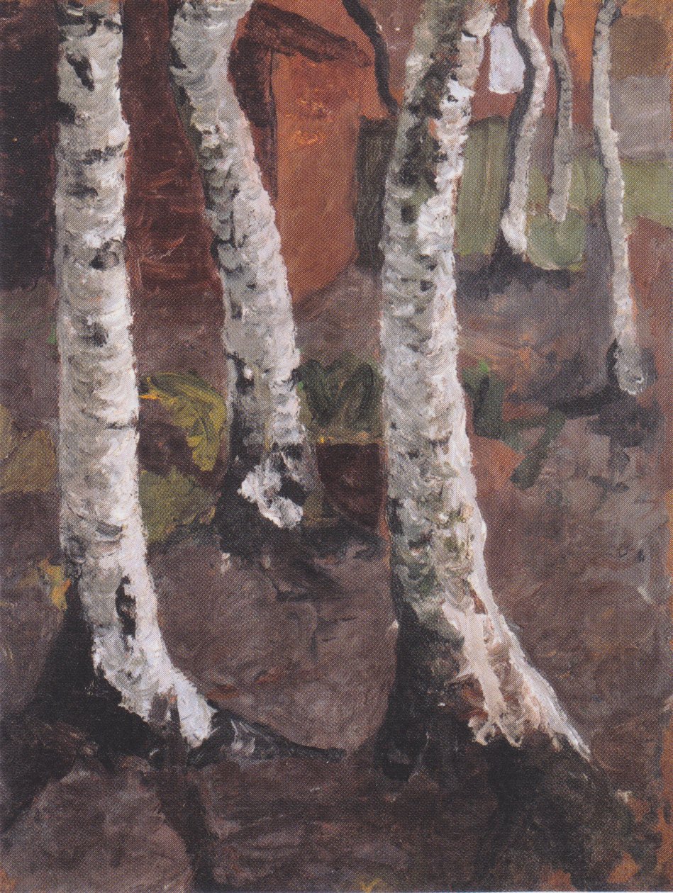 Pnie brzozy przed czerwonym domostwem autorstwa Paula Modersohn Becker