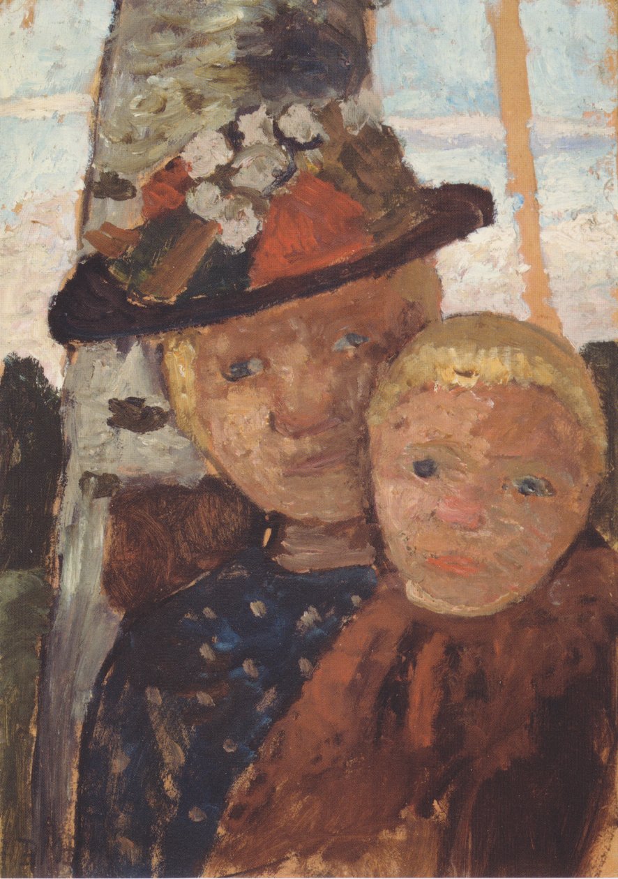 Pół portret dziewczyny w kapeluszu w kwiaty i chłopca autorstwa Paula Modersohn Becker