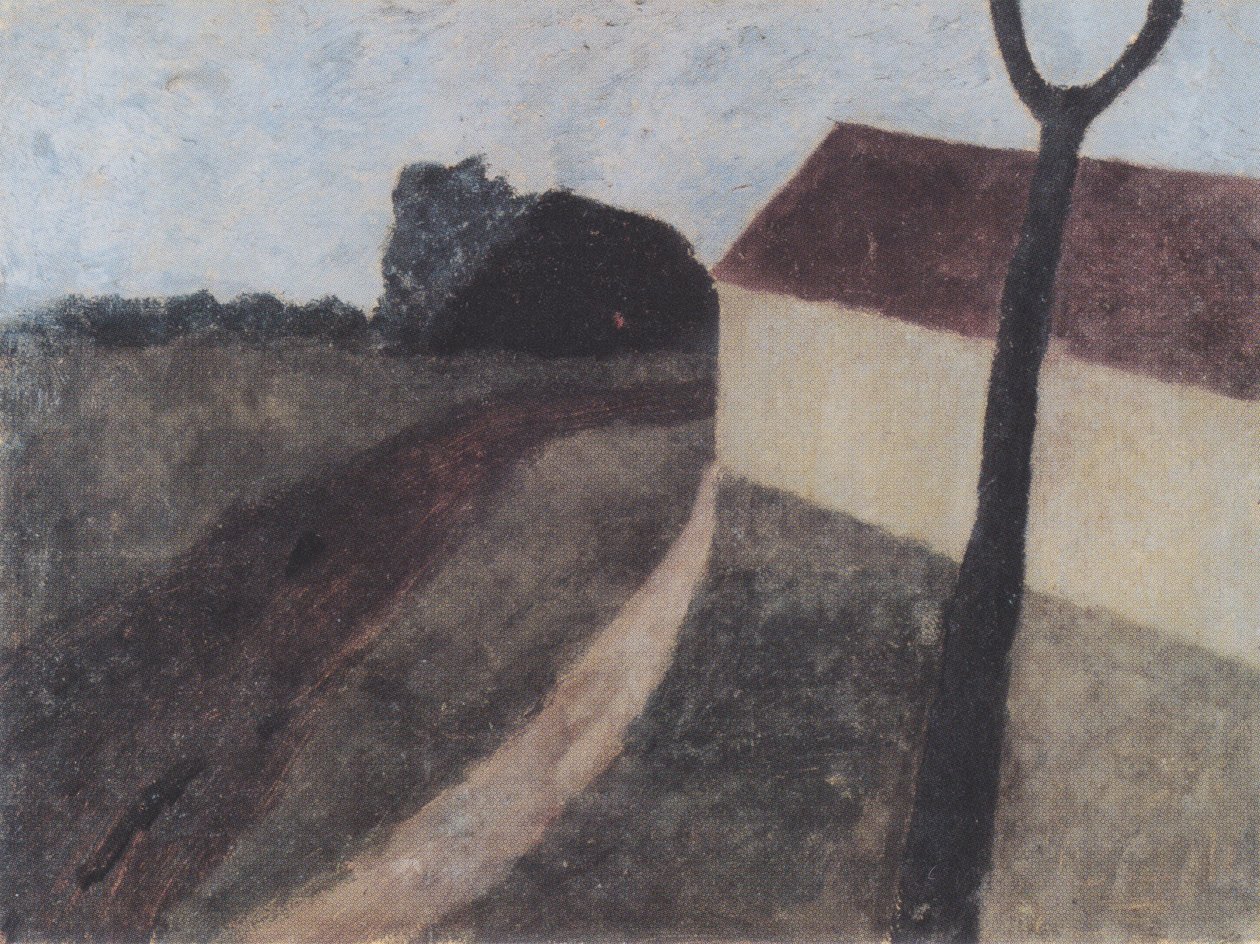 Pejzaż o zmierzchu z domem i gałęziami autorstwa Paula Modersohn Becker
