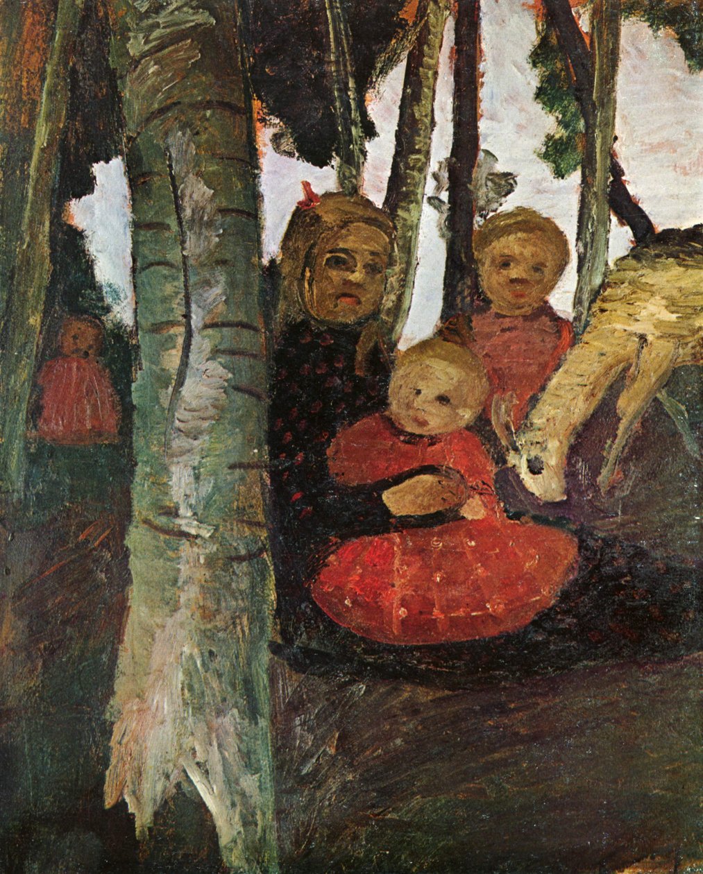 Troje dzieci z kozą w brzozowym lesie autorstwa Paula Modersohn Becker
