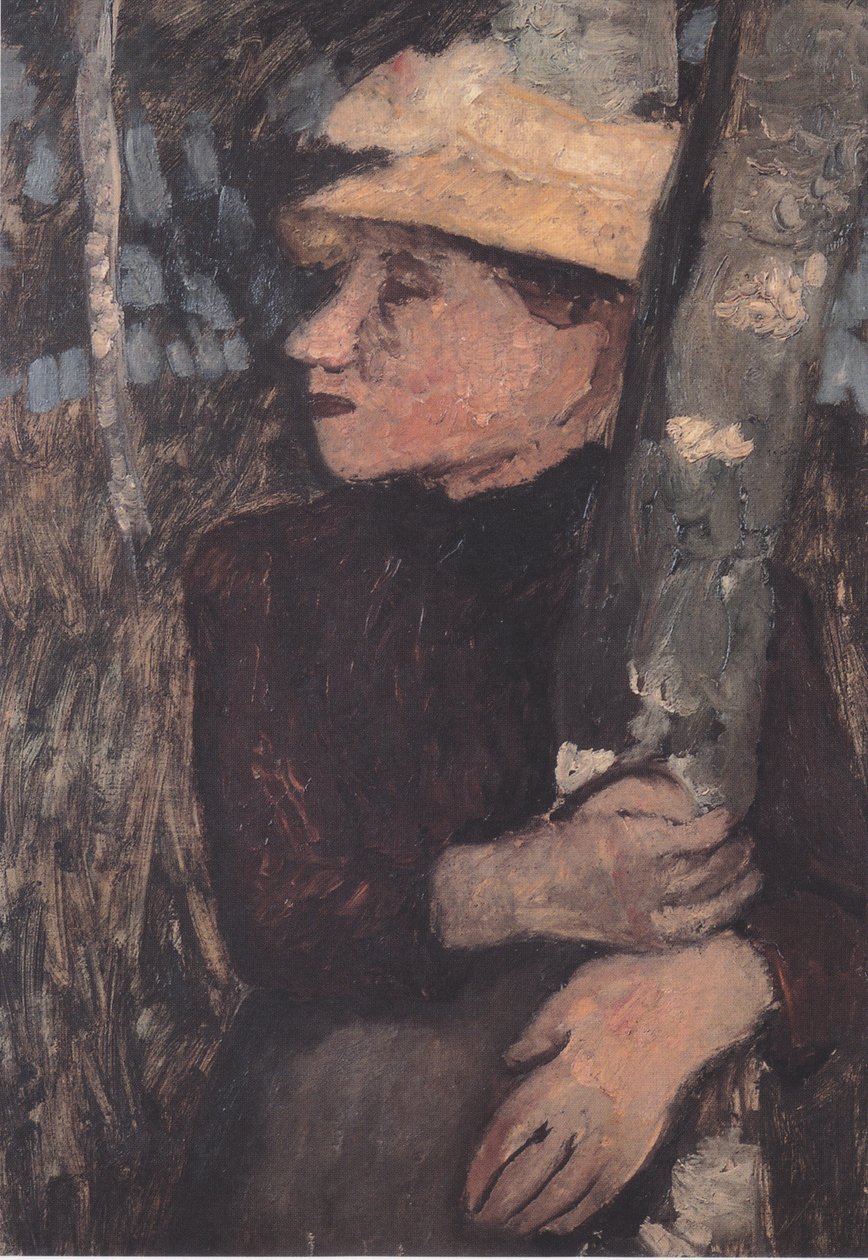 Kobieta w słomkowym kapeluszu między brzozami autorstwa Paula Modersohn Becker