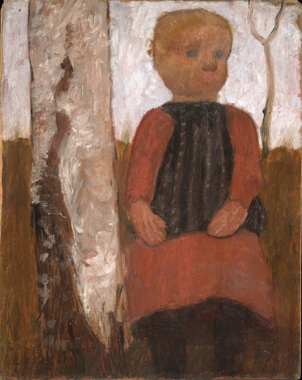 Dziecko w czerwonej sukience na pniu brzozy autorstwa Paula Modersohn Becker